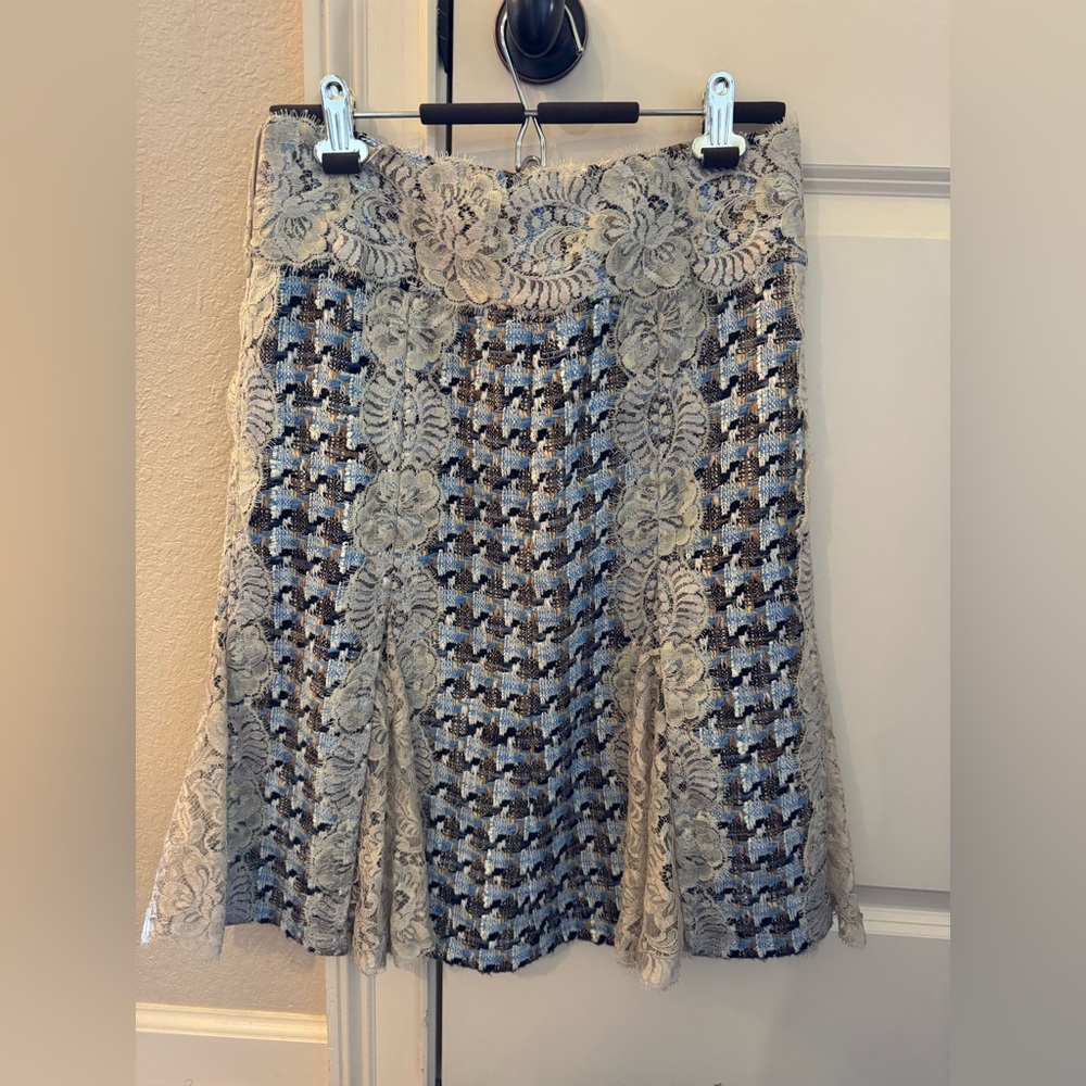 NWT Dolce & Gabbana Blue and Cream Tweed Taupe Floral Lace A-Line Skirt